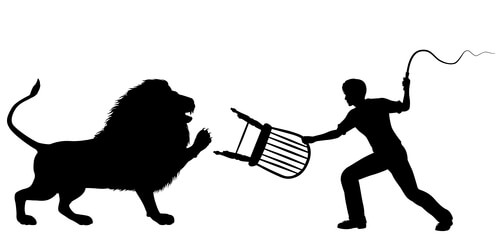 silhouette of a lion-taming man with whip and chair