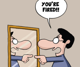 Man facing his own narcissism by sacking himself in the mirror